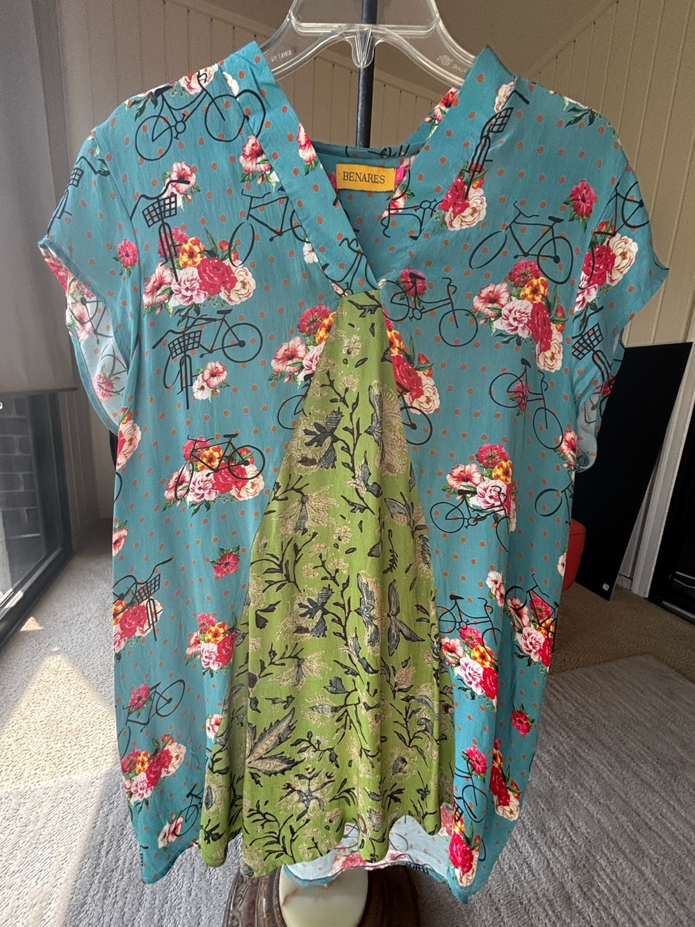 Whimsical Colorful Floral V-Neck Bicycle Rose Print